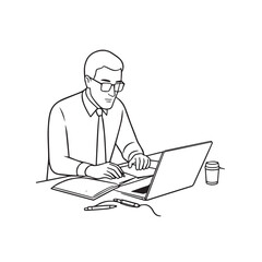 Black and white line art of a hardworking man at office desk with laptop and documents minimalist illustration