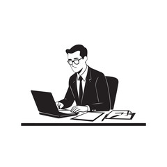 Black and white line art of a hardworking man at office desk with laptop and documents minimalist illustration