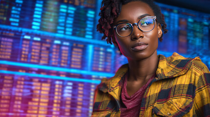 A woman wearing glasses and a plaid shirt stands in front of a colorful digital display showing data or stock information.