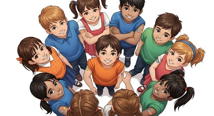 Vaccinated children in a circle looking up symbolizing herd immunity perfect for health campaigns and promoting child vaccination programs.