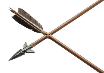 Meticulously crafted traditional dark wood arrow with hand-forged metal arrowhead and natural fletching, on a transparent studio background, concept of ancient weaponry artifact.