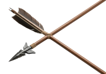Meticulously crafted traditional dark wood arrow with hand-forged metal arrowhead and natural fletching, on a transparent studio background, concept of ancient weaponry artifact.