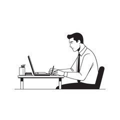 Black and white line art of a hardworking man at office desk with laptop and documents minimalist illustration