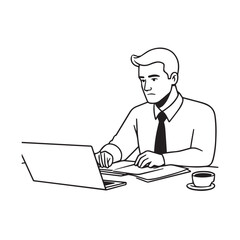 Black and white line art of a hardworking man at office desk with laptop and documents minimalist illustration
