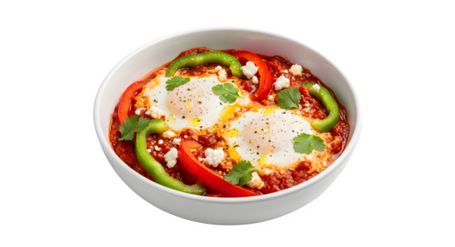 Delicious shakshuka with eggs, tomatoes, peppers, and feta cheese in a bowl isolated on transparent background, a flavorful and healthy middle eastern breakfast dish