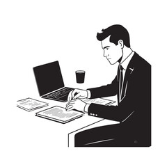 Black and white line art of a hardworking man at office desk with laptop and documents minimalist illustration