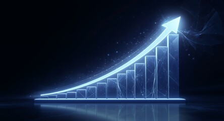 Abstract glowing bar graph showing upward growth trend, illuminated arrow pointing up, technology concept, digital business success illustration, future progress visualization