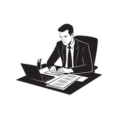 Black and white line art of a hardworking man at office desk with laptop and documents minimalist illustration