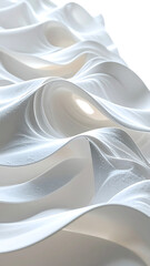 Abstract image of flowing, white fabric forming swirling, wave-like patterns with subtle shadows and highlights creating depth and texture.  A small dark spot is visible near the center