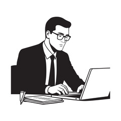 Black and white line art of a hardworking man at office desk with laptop and documents minimalist illustration
