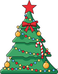 Festive cartoon christmas tree decorated with ornaments lights star and bow ready for holiday celebration vector