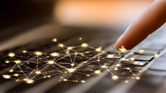 Finger interacting with glowing network nodes on a keyboard surface