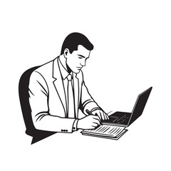 Black and white line art of a hardworking man at office desk with laptop and documents minimalist illustration