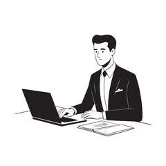Black and white line art of a hardworking man at office desk with laptop and documents minimalist illustration