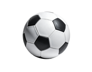Classic black and white soccer ball, slightly deflated, isolated on a black background