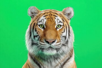 Obraz premium Cute Bengal tiger portrait isolated on green color background. Funny tiger in front looking at camera. Space for text. Angry Sumatran tiger on studio backdrop. Wildlife. Wild animals. Panthera Tigris