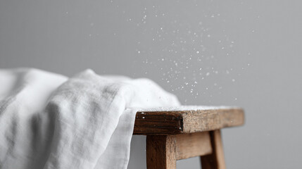 Minimalist still life featuring a rustic wooden stool draped with white fabric and delicate particles falling like snow. Evokes purity, simplicity, and serenity.