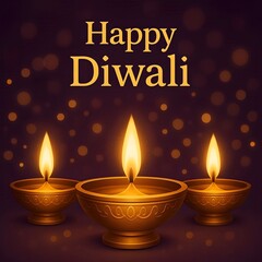 Golden diya lamps glowing on a dark purple background with bokeh lights with text Happy Diwali.
