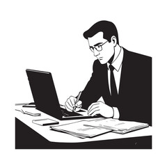 Black and white line art of a hardworking man at office desk with laptop and documents minimalist illustration