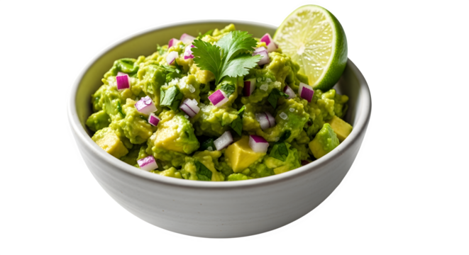 Fresh and vibrant guacamole with lime and cilantro isolated on transparent background, a flavorful dip or topping perfect for any mexicaninspired meal