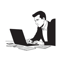 Black and white line art of a hardworking man at office desk with laptop and documents minimalist illustration