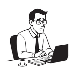 Black and white line art of a hardworking man at office desk with laptop and documents minimalist illustration