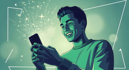 Young man smiling while using a smartphone connecting with technology against a clean green background ideal for mobile app promotions.