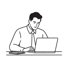 Black and white line art of a hardworking man at office desk with laptop and documents minimalist illustration