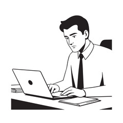 Black and white line art of a hardworking man at office desk with laptop and documents minimalist illustration