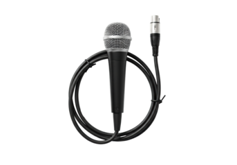 Vintage-style dynamic wired microphone with silver mesh grille, matte black barrel, coiled black xlr cable on transparent studio background, soft shadow. Concept of professional audio equipment