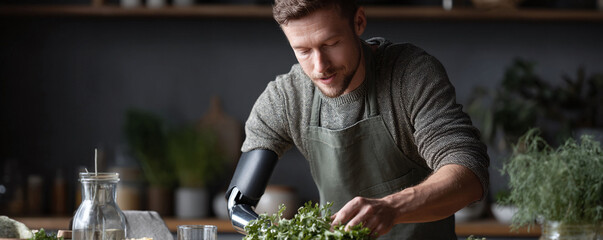 Man with prosthetic arm preparing fresh greens in a modern kitchen. Illustrates inclusivity, healthy living, and culinary passion. Ideal for lifestyle and wellness content.