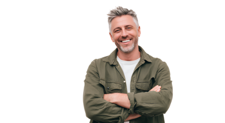 a middle-aged man with gray hair and a short beard, smiling slightly while standing upright against an isolated white background