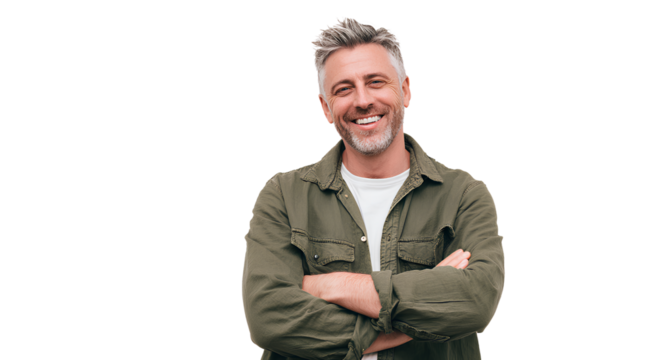 a middle-aged man with gray hair and a short beard, smiling slightly while standing upright against an isolated white background