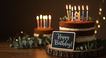 Two birthday cakes with lit candles and a sign that says Happy Birthday on a wooden surface.
