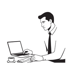 Black and white line art of a hardworking man at office desk with laptop and documents minimalist illustration