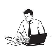 Black and white line art of a hardworking man at office desk with laptop and documents minimalist illustration