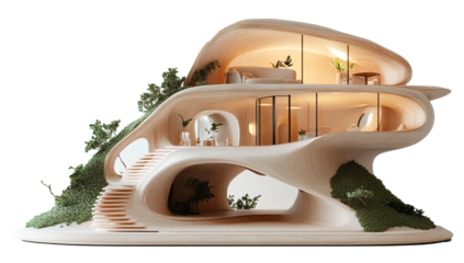 Futuristic modern house with organic architecture and natural elements isolated on transparent background