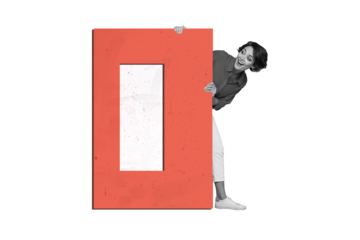 Composite photo collage of impressed happy girl peek figure look amazed news information wear casual clothes isolated on painted background