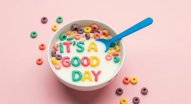 Photo of colorful letter cereals spell out its a good day in a bowl of milk with a blue spoon and scattered cereal pieces on a pink background