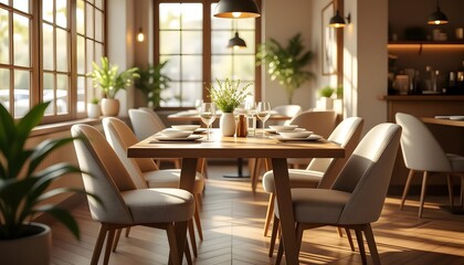 Fototapeta premium Bright Modern Dining Room Interior with Wooden Table, Chairs, and Sunlit Windows
