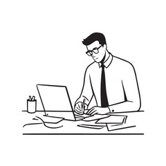 Black and white line art of a hardworking man at office desk with laptop and documents minimalist illustration