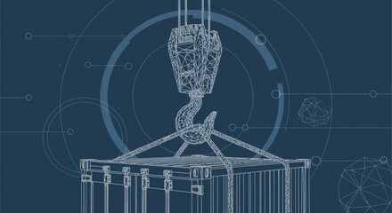 Technical blueprint of container being lifted by crane depicting global logistics
