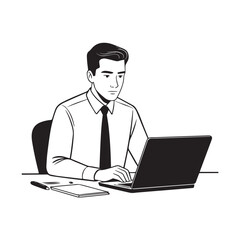 Black and white line art of a hardworking man at office desk with laptop and documents minimalist illustration