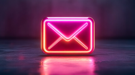 Bright neon envelope icon illuminated in pink and purple colors, placed on a reflective surface, creating a striking visual effect that symbolizes digital communication and modern messaging trends