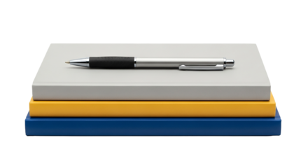 A silver pen rests on a stack of books isolated on transparent background