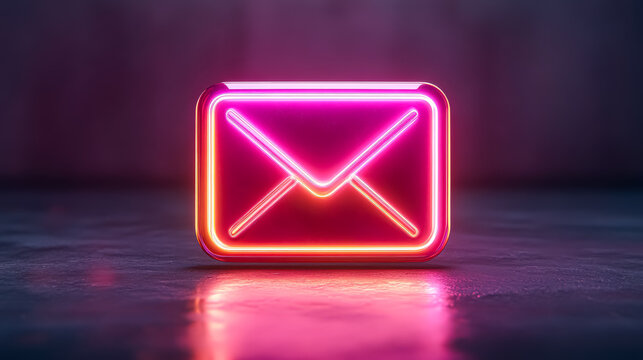 Bright neon envelope icon illuminated in pink and purple colors, placed on a reflective surface, creating a striking visual effect that symbolizes digital communication and modern messaging trends