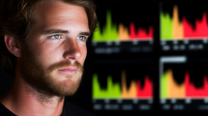 Man with beard looking intently at colorful audio waveform displays in a dark environment