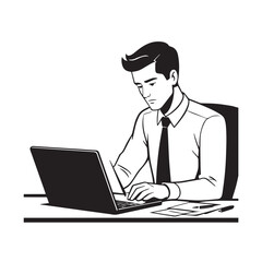 Black and white line art of a hardworking man at office desk with laptop and documents minimalist illustration