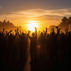 Fototapeta premium Silhouette Of A Crowd With Raised Fists Against A Golden Sunrise