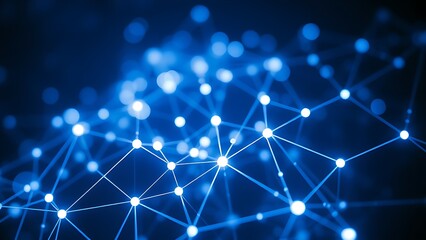 Abstract digital network with glowing blue and white nodes, illustrating connectivity and technology.
